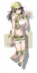  1girl absurdres baseball_cap belt breasts brown_belt brown_eyes brown_hair crop_top field_cap fio_germi glasses green_shorts hat highres huanxiang_huifeng knee_pads large_breasts metal_slug midriff open_clothes open_vest ponytail round_eyewear short_shorts shorts solo utility_vest vest 