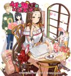  1girl breasts brown_eyes brown_hair drink food forehead frilled_skirt frills genkou_youshi holding holding_pen ice_(ice_aptx) kushinada_(uchi_no_hime-sama) long_hair multicolored_eyes off-shoulder_shirt off_shoulder on_chair pen red_skirt shirt sitting skirt sweets table uchi_no_hime-sama_ga_ichiban_kawaii very_long_hair white_shirt windowsill yellow_eyes 