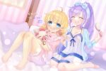  2girls blonde_hair blue_eyes fam_valhoef hachidoriwanokuni highres iris_mysteria! multiple_girls negligee on_bed pajamas patricia_shandy pig pointy_ears ponytail purple_hair see-through_clothes seiza sitting smile 