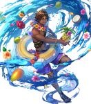 1boy abs attack brown_eyes brown_hair dark-skinned_male dark_skin fire_emblem fire_emblem_engage fire_emblem_heroes flower flower_necklace fogado_(fire_emblem) fogado_(summer)_(fire_emblem) food fruit highres innertube lei male_focus male_swimwear non-web_source official_alternate_costume official_art open_mouth pineapple pointing purple_swim_trunks sandals smile solo star-shaped_pupils star_(symbol) swim_ring swim_trunks symbol-shaped_pupils transparent_background water 