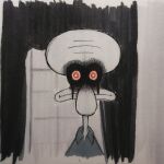 anthro black_sclera bodily_fluids cephalopod coleoid creepy creepypasta frown hi_res looking_at_viewer male marine mollusk nickelodeon nosoyem21 octopodiform octopus painting_(artwork) pupils red_eyes red_pupils solo spongebob_squarepants squidward&#039;s_suicide squidward_tentacles tears