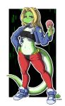 5_fingers anthro blonde_hair blue_clothing blue_jacket blue_topwear bottomwear breasts choker clothed clothing collar_tag cowlick dessert female fingernails fingers food footwear geckone green_body green_tail green_yoshi hair hand_on_hip heart_collar_tag hi_res holding_food holding_object ice_cream jacket jewelry mario_bros nails narrowed_eyes necklace nintendo nipple_outline non-mammal_breasts pants purple_eyes red_bottomwear red_clothing red_pants scalie shiyo_(geckone) shoes solo standing tail topwear tube_top yoshi