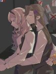  2girls black_jacket blonde_hair blush box brown_hair chinese_commentary closed_eyes commentary_request couple embarrassed gift gift_box hair_ornament hair_ribbon hairpin headband holding holding_gift hug hug_from_behind jacket light_blush light_smile multiple_girls pants red_eyes ribbon saijou_claudine shirt shoujo_kageki_revue_starlight shoujo_kageki_revue_starlight_-re_live- shy smug tendou_maya white_shirt yuban1008611966 