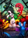 ambient_bat ambiguous_gender beady_eyes bloominglynx blue_body blurred_background chain felid feral gastropod group hi_res hybrid mammal mollusk rain_world red_body slug videocult water white_body yellow_body