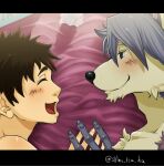  2boys animal_ears artist_name blush closed_mouth commentary_request dog_boy dog_ears facing_another furry furry_male hiroyuki_nishimura_(morenatsu) holding_hands kouya_aotsuki looking_at_viewer lying male_focus morenatsu multiple_boys on_bed on_side open_mouth pectorals profile shino_tsu_ku smile topless_male upper_body yaoi 