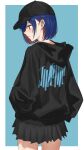  1girl absurdres barbell_piercing baseball_cap black_hat black_jacket black_skirt blue_background blue_eyes blue_hair bob_cut border clothes_writing colored_inner_hair commentary_request ear_piercing earrings english_commentary from_behind hands_in_pockets hat highres hood hooded_jacket hoodie industrial_piercing jacket jewelry kamitsubaki_studio long_sleeves miniskirt mino_(miiiinon611) mixed-language_commentary multicolored_hair piercing pleated_skirt red_hair rim_(kamitsubaki_studio) short_hair simple_background skirt solo virtual_youtuber white_border 