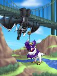 absurd_res anthro avian bat bridge burger duo erryx food hanging_upside_down hi_res macro mammal open_mouth outside sentri_(sparkfloof) sharp_teeth teeth upside_down wings xander_(kurrikage)
