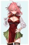  1girl ahoge bandaged_arm bandages bangle black_thighhighs blue_background blush border bracelet breasts bun_cover cleavage cleavage_cutout closed_mouth clothing_cutout commentary_request cowboy_shot dango double_bun fingernails food food_on_face green_skirt greenkohgen hair_between_eyes hair_bun hand_on_own_hip hand_up highres holding holding_food ibaraki_kasen jewelry large_breasts looking_at_viewer mitarashi_dango pink_eyes pink_hair pink_nails pleated_skirt red_tabard shirt skewer skirt solo tabard thighhighs touhou v-shaped_eyebrows wagashi white_border white_shirt 