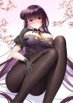 1girl black_gloves black_pantyhose blunt_bangs blush branch breasts cherry_blossoms china_dress chinese_clothes cleavage cleavage_cutout clothing_cutout commentary dress girls&#039;_frontline girls&#039;_frontline_2:_exilium gloves gold_trim gradient_background hair_bun hand_on_own_leg highres knees_up lace-trimmed_gloves lace_trim large_breasts long_hair looking_at_viewer makiatto_(embroidered_bamboo_blooming_shadows)_(girls&#039;_frontline_2) makiatto_(girls&#039;_frontline_2) official_alternate_costume pantyhose pink_background purple_dress purple_hair red_eyes silveroid single_hair_bun sitting solo very_long_hair wa2000_(girls&#039;_frontline) 