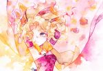  arms_behind_head arms_up blonde_hair breasts cape closed_mouth detached_sleeves earrings final_fantasy final_fantasy_vi frown hair_intakes jewelry long_hair ponytail purple_eyes rrrpct small_breasts solo tina_branford traditional_media upper_body watercolor_(medium) wavy_hair yellow_cape 