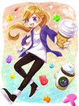  1girl :d ahoge bag blonde_hair bonus_time_jellies brown_pants brown_shoes coffee_cookie coffee_mug cookie_run cookie_run:_ovenbreak cup disposable_coffee_cup disposable_cup dynamic_pose gradient_background highres holding holding_bag holding_cup humanization jacket long_hair long_sleeves mug open_clothes open_jacket open_mouth pale_skin pants personification ponytail purple_eyes purple_jacket shirt shoes smile whipped_cream white_background white_bag white_shirt zokunya 