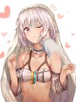  altera_(fate) bangs blush bustier closed_mouth collar collarbone dark_skin detached_sleeves disembodied_limb eyebrows_visible_through_hair fate/extra fate/grand_order fate_(series) forehead_jewel full_body_tattoo hand_on_another's_cheek hand_on_another's_face heart highres looking_at_viewer one_eye_closed out_of_frame pov pov_hands red_eyes short_hair solo_focus sunhyun tattoo veil white_hair 