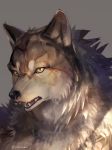  anthro canine digital_media_(artwork) fangs fur grey_background kazashino mammal open_mouth signature simple_background solo tuft were werewolf yellow_eyes 