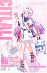  1girl alternate_costume bag blue_bow blue_eyes bow braid citlali_(genshin_impact) citlalin_(genshin_impact) closed_mouth commentary_request facial_mark full_body genshin_impact hair_bow highres holding holding_bag holding_ice_cream_cone ice_cream_cone itzpapa_(genshin_impact) long_hair looking_at_object pink_hair pink_pupils red_socks sandals shiba_(tonari_no_shiba_inu) shirt short_sleeves skirt smile socks tongue tongue_out triangle triangle_facial_mark twin_braids white_shirt white_skirt zoom_layer 