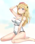  :d alternate_costume bangs bare_legs barefoot between_legs blonde_hair blue_eyes blush bodypaint braid breasts character_name choker cleavage collarbone commentary_request covered_navel earrings eyebrows_visible_through_hair flower girls_frontline hair_flower hair_ornament hand_between_legs hand_on_own_head head_tilt highres jewelry k5_(girls_frontline) large_breasts long_hair looking_at_viewer one-piece_swimsuit open_mouth pixel_(yuxian) shiny shiny_skin sidelocks simple_background sitting smile solo swimsuit thighs upper_teeth wariza wristband 