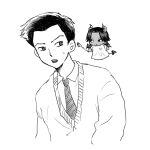  2boys :o akazawa_yoshirou cardigan collared_shirt cropped_torso dark-skinned_male dark_skin demon_horns demon_tail demon_wings diagonal-striped_clothes diagonal-striped_necktie dot_nose eye_contact greyscale heart heart_print holding holding_spoon horns kaneda_ichiro looking_at_another male_focus mochita80 monochrome multiple_boys necktie parted_bangs school_uniform shirt short_hair shoulder_devil simple_background spoon striped_clothes sweatdrop tail tennis_no_ouji-sama v-shaped_eyebrows very_short_hair white_background wings 