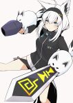  1girl animal_ears arm_blade arm_cannon black_jacket blue_eyes cosplay digimoji digimon fox_ears fox_girl fox_tail highres hololive jacket mitosupa_(qsiqydfz7nesh9w) omegamon omegamon_(cosplay) shirakami_fubuki simple_background solo sword tail virtual_youtuber weapon white_background white_hair 