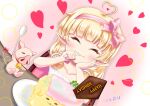  1girl blonde_hair fam_valhoef hair_ribbon heart highres iris_mysteria! meal pig pointy_ears ribbon smile spoon uninininidoru 