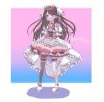  1girl blue_background border bow brown_hair closed_mouth commentary cross-laced_clothes cross-laced_dress dress fake_head_wings fishnet_pantyhose fishnets frilled_dress frilled_thigh_strap frills fujishima_megumi full_body gradient_background hair_bow highres link!_like!_love_live! long_hair looking_at_viewer love_live! official_alternate_costume outside_border pantyhose pink_background pink_dress platform_shoes purple_eyes sakura_rnkr shadow shoes short_dress single_leg_pantyhose solo standing thigh_strap twitter_username two-tone_background very_long_hair virtual_youtuber white_border white_bow white_shoes yappa_tenshi! 