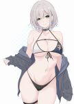  1girl ass_visible_through_thighs bikini black_jacket blue_choker breasts choker closed_mouth collarbone cowboy_shot green_eyes grey_hair highres hololive jacket large_breasts mismatched_bikini navel off_shoulder riu_play shirogane_noel shirogane_noel_(summer_2020) short_hair simple_background smile solo stomach swimsuit thigh_strap thighs virtual_youtuber white_background 