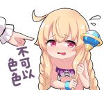  1girl bad_link bare_shoulders bikini blonde_hair braid hair_between_eyes holding holding_wand little_witch_nobeta long_hair low_twintails lowres nobeta nobeta_(swimsuit_skin) official_art open_mouth purple_bikini red_eyes simple_background solo_focus swimsuit translation_request transparent_background twin_braids twintails wand 