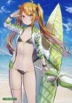  absurdres ahoge bad_proportions bangs beach bikini black_bikini blue_sky blush breasts choker cloud day deluxe&lt;&lt;&lt; eyebrows_visible_through_hair flat_chest front-tie_top hair_ribbon highres holding holding_umbrella jacket long_hair long_sleeves melonbooks navel ocean open_clothes open_jacket open_mouth orange_hair original outdoors parasol purple_eyes ribbon sand scan sky small_breasts solo standing stomach surfboard swimsuit thighlet track_jacket twintails umbrella very_long_hair water wristband 