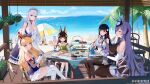  6+girls absurdres ahoge animal_ear_fluff animal_ears azur_lane bare_shoulders belfast_(azur_lane) black_hairband black_thighhighs blonde_hair blue_dress blue_eyes blue_gloves blue_hair bow breasts broken broken_chain brown_hair cake cake_slice chain character_request china_dress chinese_clothes cleavage cleavage_cutout closed_eyes closed_mouth clothing_cutout collar collarbone croissant crown cup cupcake detached_collar detached_sleeves donut dress drinking drinking_straw drinking_straw_in_mouth eating fingerless_gloves flower food fox_ears frilled_gloves frills fruit gloves grey_sleeves hair_bow hair_flower hair_ornament hair_ribbon hairband headgear highres holding holding_cup holding_plate kneehighs large_breasts long_hair long_sleeves looking_at_viewer maid maid_headdress mo_xiaoxue multiple_girls nagato_(azur_lane) new_jersey_(azur_lane) official_alternate_costume on_chair plate purple_hair queen_elizabeth_(azur_lane) red_eyes red_ribbon ribbon saucer sitting socks strapless strapless_dress strawberry table teacup thighhighs tiered_tray tilted_headwear very_long_hair vittorio_veneto_(azur_lane) vittorio_veneto_(the_flower_of_la_spezia)_(azur_lane) watermark weibo_watermark white_bow white_collar white_dress white_gloves white_hair white_sleeves white_socks white_thighhighs wide_sleeves yat_sen_(azur_lane) yellow_eyes 