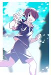  1boy :d black_eyes blue_sky blurry blurry_background border chromatic_aberration clenched_hand cloud cloudy_sky collared_shirt drawstring feet_out_of_frame floating_clothes from_side hair_over_one_eye halftone hand_up highres kamio_akira katsuragi_atori light_particles looking_at_viewer male_focus open_mouth outside_border pale_skin parted_bangs red_hair running shirt short_hair short_sleeves shorts sky smile solo teeth tennis_no_ouji-sama two-sided_fabric upper_teeth_only v white_border 