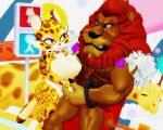 2023 3d_(artwork) 5:4 anthro big_breasts blue_sclera breasts brown_body brown_ears brown_eyes brown_fur brown_nose clawroline detailed_background digital_media_(artwork) dipstick_tail duo eye_contact eyeshadow felid female fur hand_holding hi_res jewelry kirby_(series) kirby_and_the_forgotten_land leongar leopard lion looking_at_another makeup male malicekira mammal mane markings mikumikudance_(artwork) muscular muscular_anthro muscular_male necklace nintendo pantherine purple_eyes purple_eyeshadow red_mane spots spotted_markings spotted_tail tail tail_markings thick_thighs white_body white_fur white_inner_ear wide_hips yellow_body yellow_fur yellow_sclera