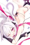  1girl ;d absurdres animal_ears bikini black_bikini black_gloves breasts cat_ears cat_girl cat_tail fang gloves h.yasai highres holding holding_kunai holding_weapon kunai long_hair looking_at_viewer ninja one_eye_closed original partially_fingerless_gloves pink_eyes pink_scarf scarf shuriken simple_background small_breasts smile string_bikini swimsuit tail thigh_strap untied_bikini_top weapon white_background white_hair 