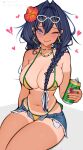  1girl alternate_costume ark_evil02 armpit_crease bare_shoulders bead_necklace beads bikini blue_eyes blue_hair bluesky_username braid brazilian_flag brazilian_flag_print brazilian_miku brazilian_miku_(cosplay) breasts can cleavage closed_mouth commentary corrupted_twitter_file cosplay cutoffs denim denim_shorts drink_can earrings exposed_pocket eyewear_on_head fingernails flag_print flower green_nails hair_between_eyes hair_flower hair_intakes hair_ornament hair_ribbon hatsune_miku heart highres holding holding_can hololive hololive_english jewelry large_breasts light_blush lips long_hair looking_at_viewer low_twin_braids micro_shorts nail_polish navel necklace one_eye_closed open_fly ouro_kronii patreon_username ribbon shorts side-tie_bikini_bottom sitting soda_can solo stomach sunglasses swimsuit tan tanlines thick_thighs thighs twin_braids virtual_youtuber vocaloid white_background yellow_bikini yellow_nails 