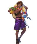  1boy abs brown_eyes brown_hair dark-skinned_male dark_skin fire_emblem fire_emblem_engage fire_emblem_heroes flower flower_necklace fogado_(fire_emblem) fogado_(summer)_(fire_emblem) food fruit highres innertube lei looking_at_viewer male_focus male_swimwear non-web_source official_alternate_costume official_art one_eye_closed open_mouth pineapple purple_swim_trunks sandals smile solo star-shaped_pupils star_(symbol) swim_ring swim_trunks symbol-shaped_pupils tachi-e transparent_background 
