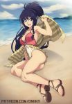  absurdres antenna_hair armpits ass beach black_hair blue_eyes braid breasts cleavage commentary covered_navel day english_commentary fire_emblem fire_emblem:_seima_no_kouseki fire_emblem_heroes full_body highleg highleg_swimsuit highres long_hair lying medium_breasts o-ring ocean on_side open_mouth patreon_username sandals side_braids smile solo spike_wible strap_gap swimsuit tana toenail_polish toes towel twin_braids 