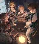  4girls anis_(nikke) arm_pouch arm_under_breasts baggy_pants bandolier bare_shoulders belt belt_pouch beret black_gloves black_hat black_jacket black_pants black_shirt black_shoes black_shorts black_thighhighs blue_eyes blunt_bangs blush bodysuit breasts brown_eyes brown_hair can cargo_pants cat_hair_ornament chair cleavage closed_mouth clothing_cutout collarbone collared_shirt commentary crop_top cropped_jacket drink_can eve_(stellar_blade) fingerless_gloves gloves goddess_of_victory:_nikke green_bodysuit hair_between_eyes hair_ornament hat high_heels highres hinaki_(hinaki_0102) holding holding_can indoors jacket large_breasts lily_artemis_ii_(stellar_blade) long_hair long_sleeves looking_at_another medium_breasts medium_hair midriff multiple_girls navel necktie open_clothes open_jacket open_mouth pants parted_lips ponytail pouch rapi_(nikke) red_eyes red_necktie shirt shoes short_hair short_shorts shorts shoulder_cutout shrug_(clothing) sidelocks sitting skin_tight skindentation sleeveless sleeveless_bodysuit smile soda_can standing stellar_blade tank_top teeth thigh_strap thighhighs two-tone_bodysuit two-tone_gloves upper_teeth_only vending_machine very_long_hair white_gloves white_tank_top 
