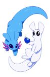 absurd_res ambiguous_gender beady_eyes bloominglynx blue_body blue_tail duo felid feral food gastropod hi_res holding_food holding_object hybrid mammal mollusk mouth_closed quadruped rain_world simple_background slug tail videocult white_background white_body white_tail
