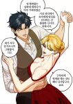  1boy 1girl blonde_hair blue_hair breasts cleavage dio_brando dress ear_birthmark genderswap genderswap_(mtf) gooonja hair_bun jojo_no_kimyou_na_bouken jonathan_joestar lipstick makeup male_focus phantom_blood red_dress red_eyes 