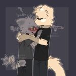 1:1 2024 akylazz anthro bandage bandaged_arm bandaged_tail black_clothing blonde_hair clothed clothing digital_drawing_(artwork) digital_media_(artwork) domestic_cat duo embarrassed felid feline felis floppy_ears fluffy fluffy_face fluffy_fur fluffy_tail foxanto fur grey_body grey_fur grey_tail hair heart_symbol hi_res hug kissing lop_ears male male/male mammal oosharkoo russian_text tail text translation_check translation_request watermark