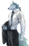 anthro athletic athletic_anthro athletic_male belt black_belt black_bottomwear black_clothing black_necktie black_nose black_pants black_suit_jacket blazer blue_body blue_eyes blue_fur bottomwear brand_new_animal canid canine canis cheek_tuft clothed clothing dxmdwq764027 facial_tuft fur grey_necktie hi_res holding_clothing holding_object humanoid_hands inner_ear_fluff long_pants looking_aside male mammal multicolored_body multicolored_fur necktie pants pattern_necktie shirou_ogami shirt simple_background solo striped_necktie studio_trigger suit_jacket tail topwear tuft two_tone_body two_tone_fur white_body white_clothing white_fur white_shirt white_topwear wolf
