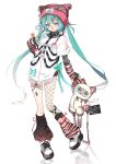  1girl absurdres animal_hat aqua_hair cat_hat chest_harness commentary_request cute_x_subculture_hatsune_miku_design_contest fashion harness hat hatsune_miku highres leg_warmers long_hair mochi_upamo pink_hat pom_pom_(clothes) ribbon shirt shoes simple_background skirt sneakers solo streetwear striped_arm_warmers stuffed_animal stuffed_cat stuffed_toy twintails very_long_hair vocaloid white_background white_shirt 