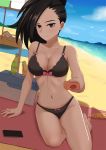  beach bikini black_bikini black_eyes black_hair blue_sky boku_no_hero_academia bottle breasts cellphone cleavage cloud cooler day drink dutch_angle dylannn feet_out_of_frame highres large_breasts looking_at_viewer lotion outdoors phone ponytail sitting sky smartphone solo sunscreen swimsuit yaoyorozu_momo yokozuwari 