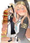  1girl absurdres animal_ears aqua_neckerchief black_shoes black_veil blue_archive blue_eyes blush burger cat_ears cat_girl commentary dress food full_body gold_armlet hair_between_eyes halo heart highres long_hair long_sleeves looking_at_viewer low-braided_long_hair low-tied_long_hair mari_(blue_archive) muo_(muojjang_0929) neckerchief nose_blush nun open_mouth orange_hair puffy_long_sleeves puffy_sleeves sailor_collar sailor_dress shoes simple_background spoken_heart veil white_background white_dress white_sailor_collar yellow_halo zoom_layer 