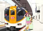  1girl :d bad_id blue_shoes blush child dot_nose full_body green_shirt hair_ornament hairclip hand_on_own_hip hand_up happy hugtto!_precure layered_skirt legs_apart looking_at_viewer low_twintails medium_hair miniskirt nono_kotori pink_skirt precure red_hair shirt shoes short_sleeves short_twintails skirt smile solo standing suitcase thighhighs train train_station twintails v yakizakana_(yakizakana10967) yellow_thighhighs zettai_ryouiki 