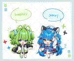  2girls ahoge antennae blue_eyes blue_hair bow chibi chromashift english_text ferumi_kaipa green_hair indie_virtual_youtuber jacket multiple_girls open_clothes open_jacket open_mouth poko_rakun shouu-kun smile sticker tail twintails virtual_youtuber yellow_eyes 