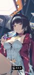  1girl astra_yao bad_link black_hair breasts cleavage crossed_legs dress earrings feet_out_of_frame hairband highres hime_cut jewelry large_breasts long_hair looking_at_viewer necklace official_art official_wallpaper red_eyes sitting skindentation smile solo thigh_strap thighs ticket white_dress white_hairband zenless_zone_zero 