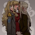  2girls absurdres balalaika_(black_lagoon) black_lagoon blonde_hair breasts cigar cigarette_kiss crossover english_commentary eye_contact fingernails glasses grey_background hellsing highres integra_hellsing jacket jacket_on_shoulders large_breasts long_hair look-alike looking_at_another multiple_girls nail_polish noses_touching ponytail scar scar_on_face sharp_fingernails simple_background smoking trait_connection uio590 upper_body very_long_hair yuri 