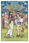  4boys 5girls amate_yuzuriha annqi aqua_eyes bask_om beanie big_zam black_hair border braid braided_ponytail casual challia_bull char_aznable commentary_request cup deux_murasame full_body gates_capa grass gundam gundam_gquuuuuux haro hat highres holding holding_cup lalah_sune midriff multiple_boys multiple_girls multiple_others non-humanoid_robot nyaan_(gundam_gquuuuuux) outdoors pants red_hair robot sandals short_hair sound_effects standing standing_on_one_leg takeuchi_ryousuke tan tank_top unworn_eyewear white_border white_pants yellow_eyes zeon 