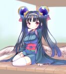  1girl ajitarou_(setsu) black_hair bow breasts brooch emil_chronicle_online hair_bow hair_ornament hairband japanese_clothes jewelry kimono large_breasts looking_at_viewer mitama_ruri pink_bow red_eyes sitting thighhighs twintails white_hairband white_thighhighs white_wings wide_sleeves wings 