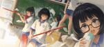  5girls aiming black_hair blue_eyes blue_shorts broom brown_eyes chalkboard classroom closed_mouth collared_shirt commentary glasses highres holding holding_broom indoors long_hair meinoss multiple_girls one_eye_closed open_mouth original ponytail school_uniform shirt short_hair short_shorts short_sleeves shorts teeth upper_teeth_only white_shirt 