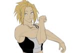  bare_arms biceps blonde_hair captain_aevul colorized commentary fang gyeoggi_3_ban mixed_martial_arts muscle muscular_female shoulders sports_bra stretch tied_hair white_background yeo_eun-sol 