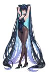  1girl absurdly_long_hair absurdres adapted_costume aqua_hair armpits arms_behind_head bare_shoulders black_hair black_pantyhose black_shoes blue_leotard breasts cleavage clothing_cutout collarbone colored_inner_hair commentary covered_navel full_body goddess_of_victory:_nikke hair_between_eyes heart_cutout high_heels highleg highleg_leotard highres leotard light_blush little_mermaid_(nikke) long_hair looking_at_viewer medium_breasts multicolored_hair pantyhose parted_lips shoes sicle sideboob simple_background solo standing strapless strapless_leotard twitter_username very_long_hair white_background yellow_eyes 